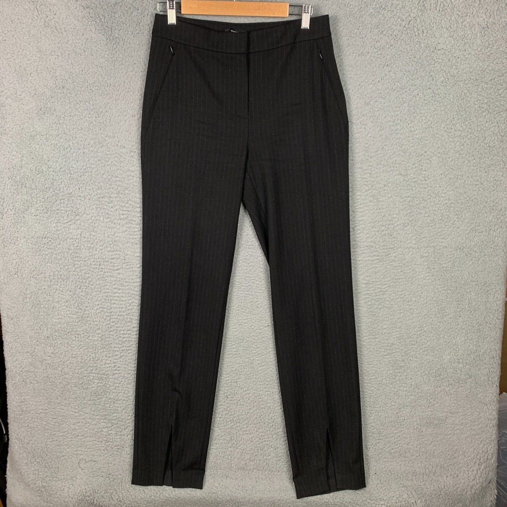 Theory Trouser Women's Medium Black Pinstriped Wool Blend Front Slit Career Pant